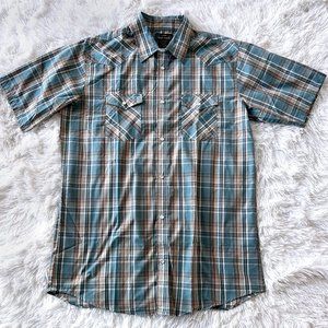 Vintage High Noon pearl snap turquoise plaid short sleeve western shirt Sz L/XL